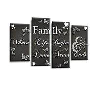 LR Family Love Quote Wall Art Picture - Grey & White Framed 4 Panel Split Canvas Print | Ready to Hang | Modern Wall Art for Living Room, Bedroom & Office