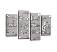 LR Family Love Quote Wall Art Picture - Grey, White & Powder Grey Framed 4 Panel Split Canvas Print | Ready to Hang | Modern Wall Art for Living Room, Bedroom & Office