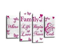 LR Family Love Quote Wall Art Picture - Pink & White Framed 4 Panel Split Canvas Print | Ready to Hang | Modern Wall Art for Living Room, Bedroom & Office