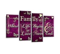 LR Family Love Quote Wall Art Picture - Purple & Cream Framed 4 Panel Split Canvas Print | Ready to Hang | Modern Wall Art for Living Room, Bedroom & Office