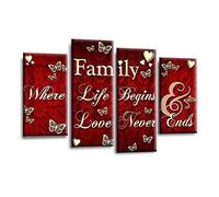 LR Family Love Quote Wall Art Picture - Red & Cream Framed 4 Panel Split Canvas Print | Ready to Hang | Modern Wall Art for Living Room, Bedroom & Office