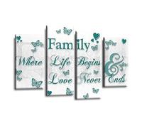 LR Family Love Quote Wall Art Picture - Teal & White Framed 4 Panel Split Canvas Print | Ready to Hang | Modern Wall Art for Living Room, Bedroom & Office
