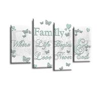 LR Family Love Quote Wall Art Picture - White & Duck Egg Framed 4 Panel Split Canvas Print | Ready to Hang | Modern Wall Art for Living Room, Bedroom & Office