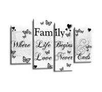 LR Family Quote Wall Art Picture - Grey, Black & White Love Framed 4 Panel Split Canvas Print | Ready to Hang | Modern Wall Art for Living Room, Bedroom & Office