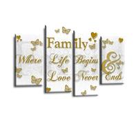 LR Family Quote Wall Art Picture - Grey, Gold & White Love Framed 4 Panel Split Canvas Print | Ready to Hang | Modern Wall Art for Living Room, Bedroom & Office