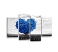 LR Floral Love Heart Wall Art Canvas - Abstract Tree Blue White Grey Flower Landscape Framed 4 Panel Split Canvas Print | Ready to Hang | Modern Wall Art for Living Room, Bedroom & Office