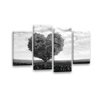 LR Floral Love Heart Wall Art Picture - Abstract Tree Grey & White Flower Framed 4 Panel Split Canvas Print | Ready to Hang | Modern Wall Art for Living Room, Bedroom & Office