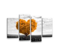 LR Floral Love Heart Wall Art Picture - Abstract Tree Orange & Grey Flower Framed 4 Panel Split Canvas Print | Ready to Hang | Modern Wall Art for Living Room, Bedroom & Office