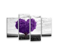 LR Floral Love Heart Wall Art Picture - Abstract Tree Purple & Grey Flower Framed 4 Panel Split Canvas Print | Ready to Hang | Modern Wall Art for Living Room, Bedroom & Office