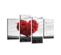 LR Floral Love Heart Wall Art Picture - Abstract Tree Red & Grey Flower Framed 4 Panel Split Canvas Print | Ready to Hang | Modern Wall Art for Living Room, Bedroom & Office