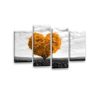 LR Floral Love Heart Wall Art Picture - Grey & Orange Tree Framed 4 Panel Split Canvas Print | Ready to Hang | Modern Wall Art for Living Room, Bedroom & Office