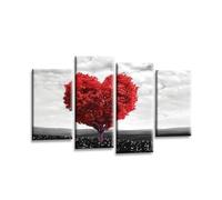 LR Floral Love Heart Wall Art Picture - Grey & Red Tree Framed 4 Panel Split Canvas Print | Ready to Hang | Modern Wall Art for Living Room, Bedroom & Office