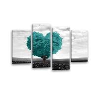 LR Floral Love Heart Wall Art Print - Abstract Tree Teal & Grey Flower Framed 4 Panel Split Canvas Picture | Ready to Hang | Modern Wall Art for Living Room, Bedroom & Office