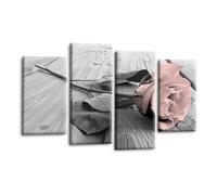 LR Floral Pink Rose Love Wall Art Picture - Grey & White Quote Framed 4 Panel Split Canvas Print | Ready to Hang | Modern Wall Art for Living Room, Bedroom & Office