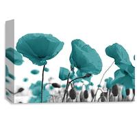 LR Floral Poppy Rose Wall Art Picture Teal White Landscape Flower Picture Framed Print Ready to Hang