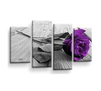 LR Floral Purple Rose Wall Art Picture - Grey Framed 4 Panel Split Canvas Print | Ready to Hang | Modern Wall Art for Living Room, Bedroom & Office