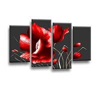 LR Floral Rose Grey Red Flower Wall Art Picture Framed 4 Panel Split Canvas Print | Ready to Hang | Modern Wall Art for Living Room, Bedroom & Office