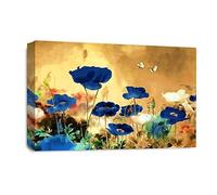 LR Floral Rose Poppy Wall Art Picture - Blue & Cream Framed Canvas Print | Ready to Hang | Modern Wall Art for Living Room, Bedroom & Office
