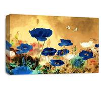 LR Floral Rose Poppy Wall Art Picture Cream Blue Chinese Flower Framed Canvas Print Ready to Hang