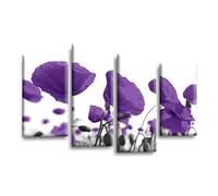 LR Floral Rose Poppy Wall Art Picture - Purple & White Framed 4 Panel Split Canvas Print | Ready to Hang | Modern Wall Art for Living Room, Bedroom & Office