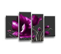 LR Floral Rose Purple Flower Wall Art Picture Framed 4 Panel Split Canvas Print | Ready to Hang | Modern Wall Art for Living Room, Bedroom & Office