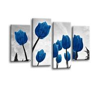 LR Floral Rose Tulip Wall Art Picture - Grey & Blue Framed 4 Panel Split Canvas Print | Ready to Hang | Modern Wall Art for Living Room, Bedroom & Office