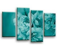 LR Floral Rose Wall Art Picture Teal Cream Spring Flower Framed Split Panel Canvas Print Ready to Hang