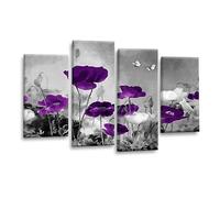 LR Floral Wall Art Picture - Purple & Grey Poppy Framed 4 Panel Split Canvas Print | Ready to Hang | Modern Wall Art for Living Room, Bedroom & Office