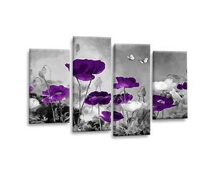 LR Floral Wall Art Picture - Purple & Grey Poppy Framed 4 Panel Split Canvas Print | Ready to Hang | Modern Wall Art for Living Room, Bedroom & Office