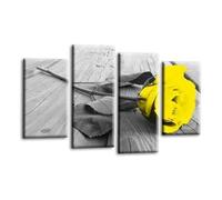 LR Floral Yellow Rose Wall Art Picture - Grey & White Framed 4 Panel Split Canvas Print | Ready to Hang | Modern Wall Art for Living Room, Bedroom & Office