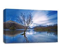 LR Landscape Sunset Wall Art Picture Blue Cream Seascape Lake Reflection Canvas Framed Print Ready to Hang