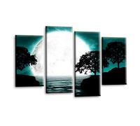 LR Landscape Wall Art Picture - Teal, Black & White Floral Framed 4 Panel Split Canvas Print | Ready to Hang | Modern Wall Art for Living Room, Bedroom & Office