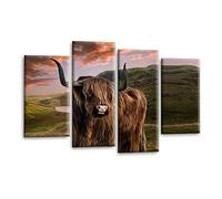 LR Large Highland Cattle Wall Art Picture Framed 4 Panel Split Canvas Print | Ready to Hang | Modern Wall Art for Living Room, Bedroom & Office