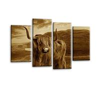 LR Large Highland Cattle Wall Art Picture Framed 4 Panel Split Canvas Print | Ready to Hang | Modern Wall Art for Living Room, Bedroom & Office