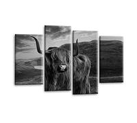 LR Large Highland Cattle Wall Art Picture Framed 4 Panel Split Canvas Print | Ready to Hang | Modern Wall Art for Living Room, Bedroom & Office
