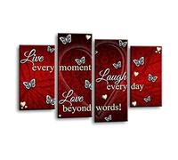 LR Live Laugh Wall Art Picture - Grey, Red & White Love Quote Framed 4 Panel Split Canvas Print | Ready to Hang | Modern Wall Art for Living Room, Bedroom & Office