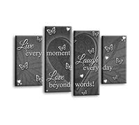 LR Live Laugh Wall Art Picture - Grey & White Love Quote Framed 4 Panel Split Canvas Print | Ready to Hang | Modern Wall Art for Living Room, Bedroom & Office