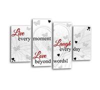 LR Live Laugh Wall Art Picture - Red & White Love Quote Framed 4 Panel Split Canvas Print | Ready to Hang | Modern Wall Art for Living Room, Bedroom & Office