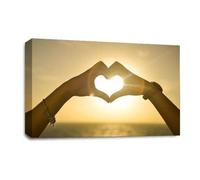 LR Love Heart Sunset Hands Wall Art Picture - Yellow, Gold & Orange Framed Canvas Print | Ready to Hang | Modern Wall Art for Living Room, Bedroom & Office