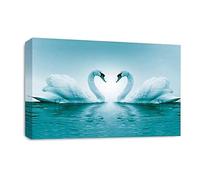 LR Love Heart Swans Wall Art Picture - Teal & White Framed Canvas Print | Ready to Hang | Modern Wall Art for Living Room, Bedroom & Office
