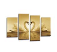 LR Love Swans Wall Art Picture - Brown & Cream Heart Home Framed 4 Panel Split Canvas Print | Ready to Hang | Romantic Wall Art for Living Room & Bedroom