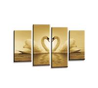 LR Love Swans Wall Art Picture - Cream & Brown Heart Framed 4 Panel Split Canvas Print | Ready to Hang | Modern Wall Art for Living Room, Bedroom & Office