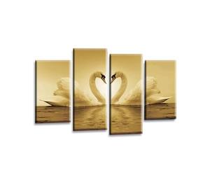 LR Love Swans Wall Art Picture - Cream & Brown Heart Framed 4 Panel Split Canvas Print | Ready to Hang | Modern Wall Art for Living Room, Bedroom & Office