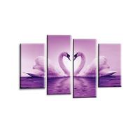 LR Love Swans Wall Art Picture - Purple & White Heart Framed 4 Panel Split Canvas Print | Ready to Hang | Modern Wall Art for Living Room, Bedroom & Office