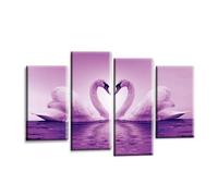 LR Love Swans Wall Art Picture - Purple & White Heart Home Framed 4 Panel Split Canvas Print | Ready to Hang | Romantic Wall Art for Living Room & Bedroom