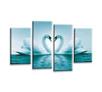 LR Love Swans Wall Art Picture - Teal & White Heart Framed 4 Panel Split Canvas Print | Ready to Hang | Modern Wall Art for Living Room, Bedroom & Office