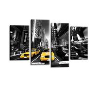 LR New York Taxi Wall Art Picture - Grey, Yellow & Black Skyline Framed 4 Panel Split Canvas Print | Ready to Hang | Modern Wall Art for Living Room, Bedroom & Office