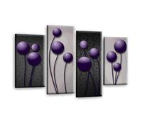 LR Purple Floral Rose Wall Art Picture - Grey Framed 4 Panel Split Canvas Print | Ready to Hang | Modern Wall Art for Living Room, Bedroom & Office