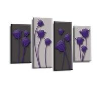 LR Purple Floral Rose Wall Art Picture - Grey Framed 4 Panel Split Canvas Print | Ready to Hang | Modern Wall Art for Living Room, Bedroom & Office