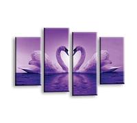 LR Purple Love Swans Wall Art Picture - White Heart Framed 4 Panel Split Canvas Print | Ready to Hang | Modern Wall Art for Living Room, Bedroom & Office